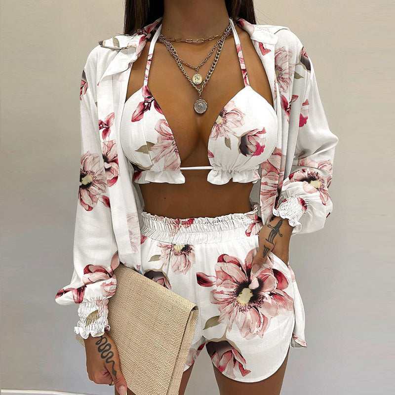 Women's Solid Color Long Sleeve Shirt And A Triangle Bikini And Shorts Three-Piece Set