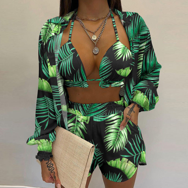 Women's Solid Color Long Sleeve Shirt And A Triangle Bikini And Shorts Three-Piece Set